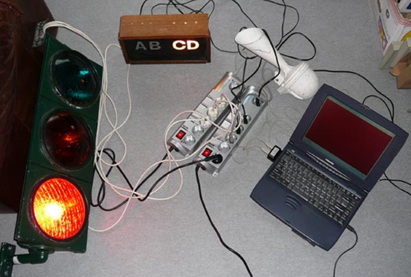 Beispielhafter Anschluss der externen Ampel, Gruppenanzeige und Hupe (nicht im Lieferumfanf enthalten) an die optionalen USB Steckdosenleisten